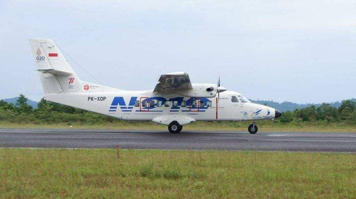 Pesawat N219 Nurtanio mendarat di Bandara Internasional H AS Hanandjoeddin Tanjungpandan, Belitung, pada Senin (5/9/2022).