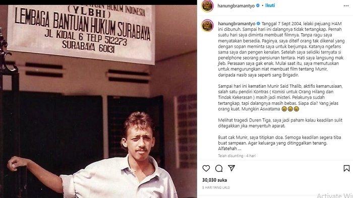 Tangkapan layar dari unggahan Hanung Bramantyo terkait keinginannya membuat film tentang kasus kematian Munir