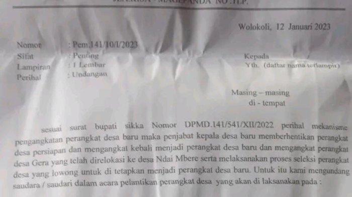SURAT UNDANGAN PELANTIKAN PERANGKAT DESA - Surat undangan pelantikan Perangkat Desa Ndai Mbere, Kecamatan Mego, Kabupaten Sikka, Flores, Nusa Tenggara Timur tertanggal 12 Januari 2023.