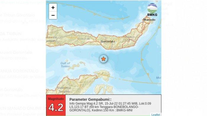 Infografis gempa Teluk Tomini. Gempa bumi berkekuatan 4,2 Skala Richter mengguncang lagi Teluk Tomini, Provinsi Gorontalo, Sulawesi Utara dan Sulawesi Tengah pada Jumat 15 Juli 2022 pukul 02.27 Wita.