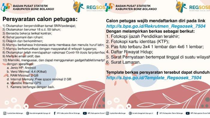 Informasi lowongan kerja (info loker) Gorontalo, Selasa (13/9/2022): Badan Pusat Statistik (BPS) Kabupaten Bone Bolango membutuhkan Petugas Regsosek (Registrasi Sosial Ekonomi) Bone Bolango