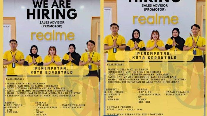Informasi Lowongan Kerja (Loker) Gorontalo pada Kamis (10/11/2022): Realme membutuhkan posisi sebagai Sales Advisor (Promotor) dengan penempatan di Kota Gorontalo.