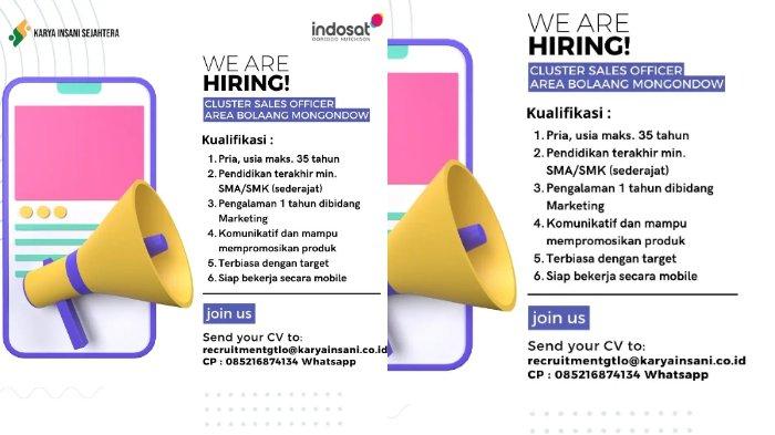 Informasi Lowongan Kerja (Loker) Gorontalo pada Kamis (12/1/2023): PT Karya Insani Sejahtera membutuhkan posisi sebagai Cluster Sales Officer Area Bolaang Mongondow.