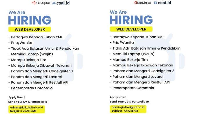 Informasi Lowongan Kerja (Loker) Gorontalo pada Selasa (24/1/2023): Klik Digital membutuhkan posisi sebagai Web Developer dengan penempatan kerja di Gorontalo.