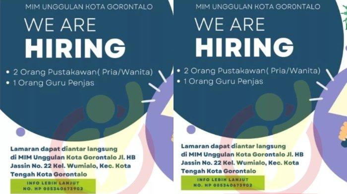 Informasi Lowongan Kerja (Loker) Gorontalo pada Kamis (26/1/2023): MIM Unggulan Kota Gorontalo membutuhkan posisi sebagai 2 orang Pustakawan (Pria/Wanita) dan 1 orang Guru Penjas.