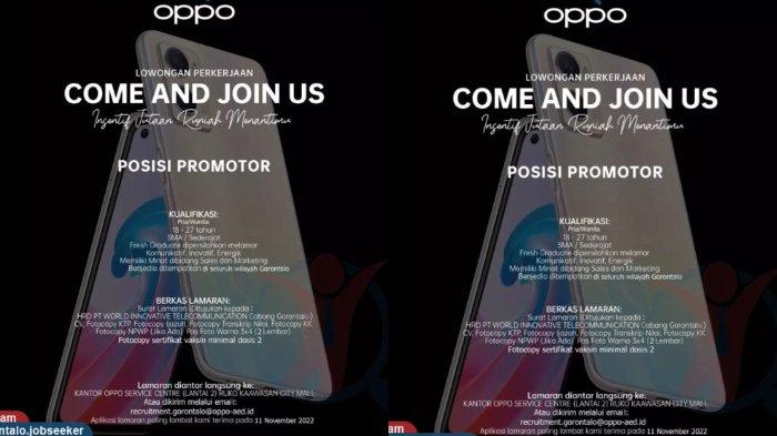 Informasi Lowongan Kerja (Loker) Gorontalo pada Rabu (9/11/2022): Oppo Gorontalo membutuhkan posisi sebagai Promotor.