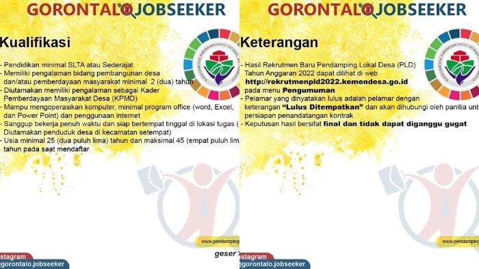 Informasi Lowongan Kerja (Loker) Gorontalo pada Sabtu (1/10/2022): Kemendesa PDTT membuka rekrutmen Pendamping Lokal Desa Tahun Anggaran 2022 di sejumlah kabupaten di Gorontalo.