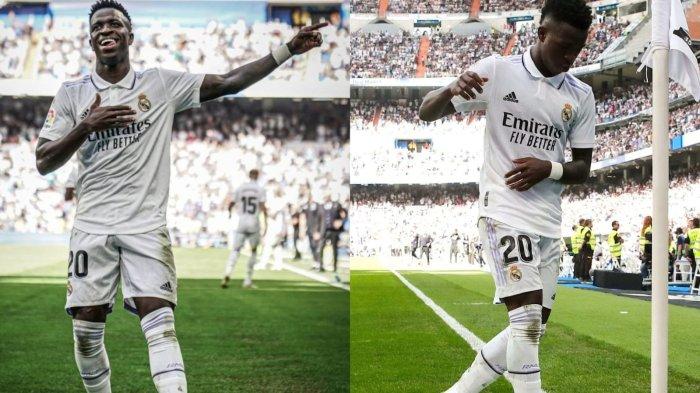 Vinicius Jr selebrasi, usai cetak gol ke gawang Mallorca, Minggu (11/9/2022) malam.