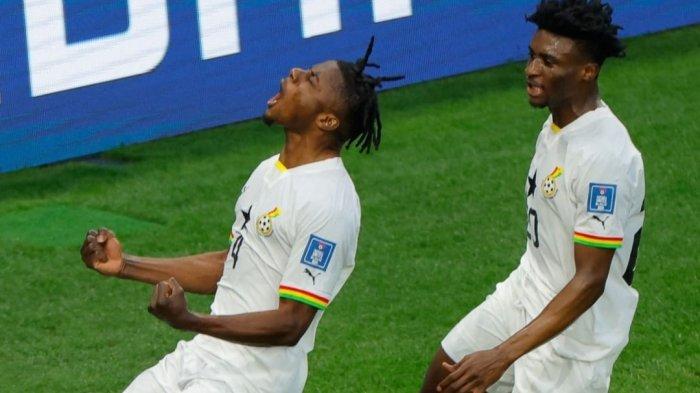 Pemain Ghana Merayakan Gol yang berhasil dicetak saat melawan Korea Selatan di Piala Dunia 2022, pada Senin (28/11/2022) malam