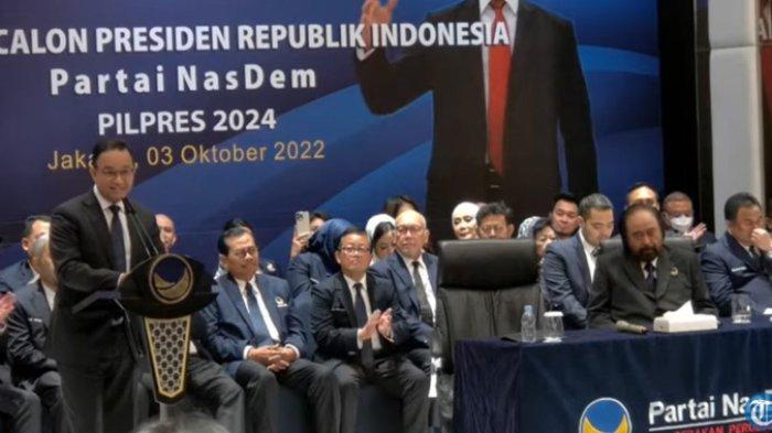 Anies Baswedan calon presiden dari Partai Nasdem saat memberikan sambutan, Senin (3/10/2022) di Nasdem Tower.