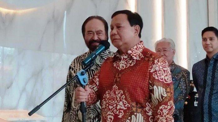 Ketua Umum Partai Gerindra Prabowo Subianto usai bertemu Ketua Umum Partai Nasdem Surya Paloh di Kantor DPP Nasdem, Jakarta, Rabu (1/6/2022)