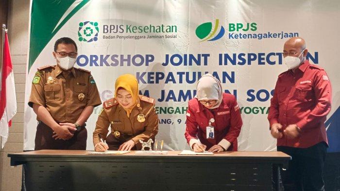 Badan Penyelenggara Jaminan Sosial (BPJS) Kesehatan dan BPJS Ketenagakerjaan menyepakati kerja sama untuk pengawasan Badan Usaha (BU) dalam 'Workshop Joint Inspection Kepatuhan Program Jaminan Sosial Wilayah Jawa Tengah dan DIY' di Hotel Aruss Semarang pada Selasa (9/8/2022).