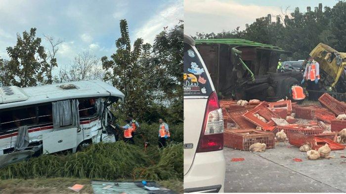 Sejumlah petugas mengevakuasi bangkai Bus Primajasa dan truk muatan ayam yang kecelakaan di tol Cikopo Minggu 3 Juli 2022.