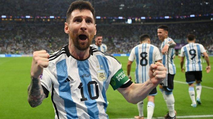 Ekspresi Lionel Messi usai mencetak gol ke gawang Meksiko di Piala Dunia 2022