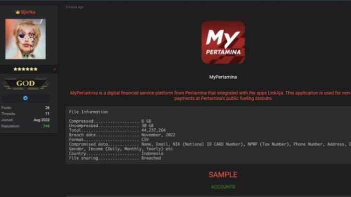 Setelah lama tak terdengar kabarnya, hacker Bjorka kembali muncul. Kali ini dia menjual data 44 juta akun MyPertamina di forum Breached.