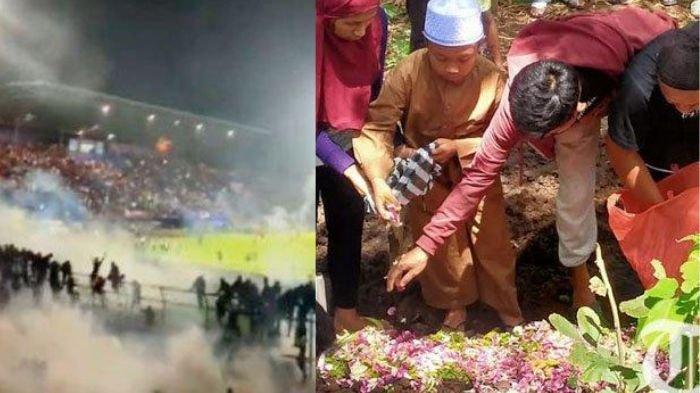 Suasana Stadion Kanjuruhan saat kerusuhan Arema Vs Persebaya, Sabtu (1/10/2022). - Muhammad Yulianton (40) dan Devi Ratnasari (30), pasangan suami istri (pasutri) yang menjadi korban tewas tragedi Arema vs Persebaya di Stadion Kanjuruhan Malang, dimakamkan dalam satu liang lahat, Minggu (2/10/2022).
