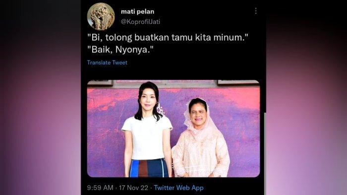 Cuitan Kharisma Jati, si pemilik akun Twitter @KoprofilJati, pada Kamis (17/11/2022) pukul 09:59 WIB, yang dinilai warganet telah menghina Ibu Negara RI Iriana Joko Widodo.