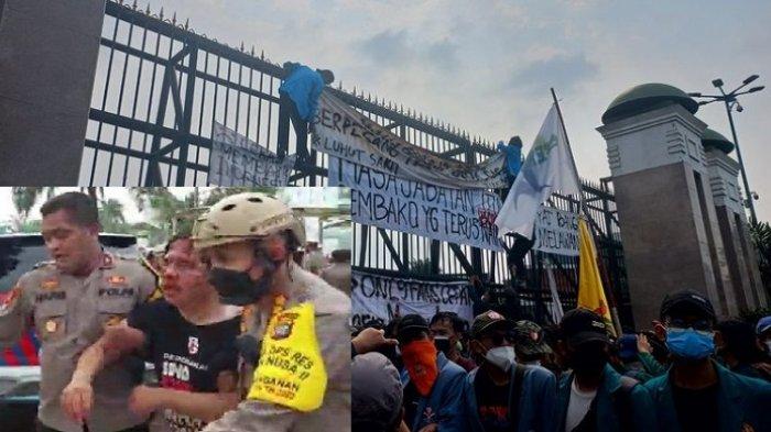 Massa aksi demonstrasi dari Aliansi BEM SI berkumpul di depan Gedung DPR/MPR RI, Jakarta Pusat, Senin (11/4/2022). Insert: Ade Armando terluka