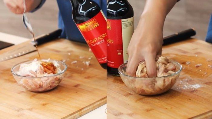Marinasi daging ayam untuk membuat Ayam Kung Pao