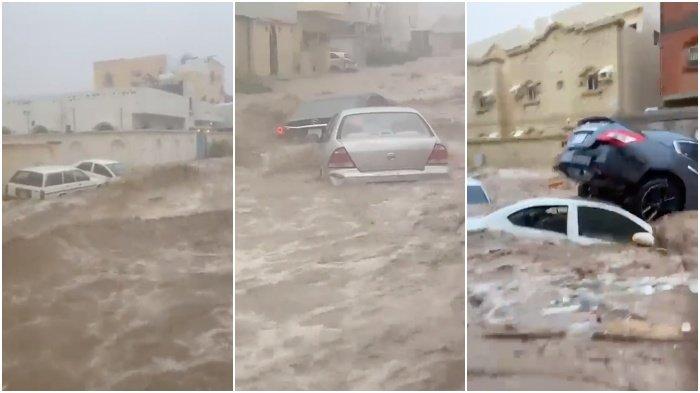 POTRET Banjir di Jeddah direkam oleh seorang warga yang terjebak di rumah, Kamis (24/11/2022)