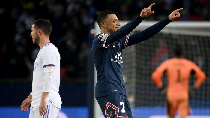 Selebrasi penyerang PSG, Kylian Mbappe usai mencetak gol ke gawang Real Madrid pada leg pertama 16 besar Liga Champions 2021-2022, Rabu (16/2/2022) dini hari WIB.