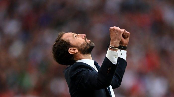 Ekspresi juru taktik Inggris, Gareth Southgate usai timnya meraih kemenangan atas Jerman di babak 16 besar Euro 2020 di Wembley, Rabu (30/6/2021) dini hari WIB.