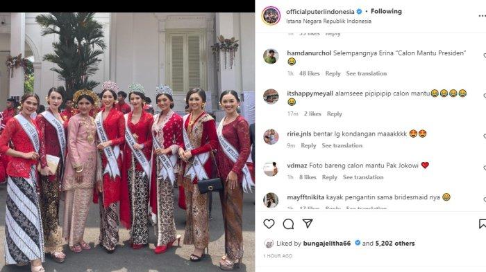 Potret Erina Gudono bareng beberapa finalis Puteri Indonesia memantik reaksi kocak warganet. Banyak yang menyinggung dirinya sebagai calon menantu Jokowi. (Instagram/@officialputeriindonesia)