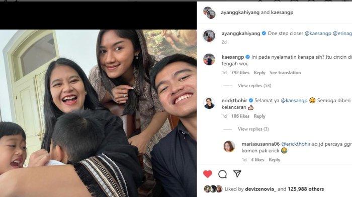 Kaesang Pangarep buka suara soal cincin yang disematkan di jari Erina Gudono. Kabar Putera Jokowi akan segera menikah dengan sang kekasih kian santer terdengar. (Instagram/@kaesangp)