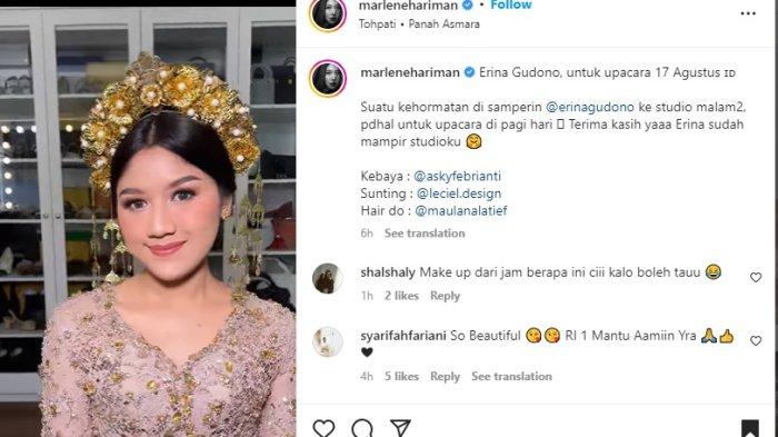 Sosok Make Up Artist (MUA) yang merias Erina Gudono mengungkap perjuangan kekasih Kaesang Pangarep menghadiri perayaan HUT ke-77 RI di Istana Merdeka. sang Finalis Puteri Indonesia 2022 rela dandan sejak malam. (Instagram/@marlenhariman)