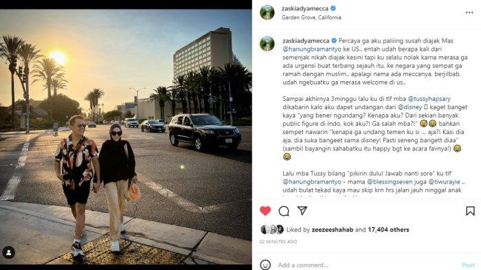 Zaskia Adya Mecca ceritakan keseruan ke Amerika. Istri Hanung Bramantyo dapat undangan langsung dari event Disney, namun akui sempat khawatirkan hal ini. (Instagram/@zaskiadyamecca)