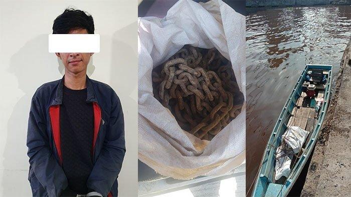 Tersangka pencurian rantai tronton di Pelabuhan Dwikora Pontianak dan barang bukti yang diamankan petugas kepolisian. Istimewa/Kolase Tribun Pontianak