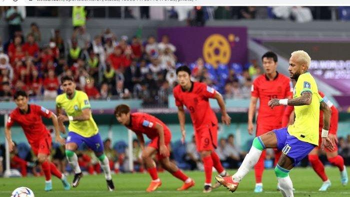 Hasil 16 Besar Piala Dunia, bomber Timnas Brasil Neymar membobol gawang Korea Selatan melalui tendangan penalti, Selasa (6/12/2022) dinihari WIB.
