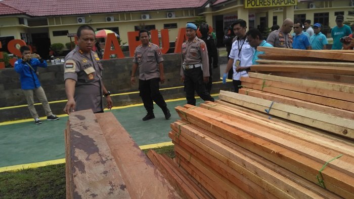 Plh Kapolres Kapuas AKBP Trisaksono Puspo Aji saat cek barbuk kayu