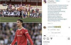 Tangkap layar reaksi Cristiano Ronaldo terhadap aksi penolakan dirinya oleh suporter Atletico Madrid.