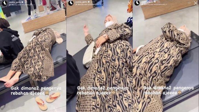 Aksi Emak Menah ibunda pedangdut Zaskia Gotik rebahan saat temani istri Sirajuddin itu belanja di mal.