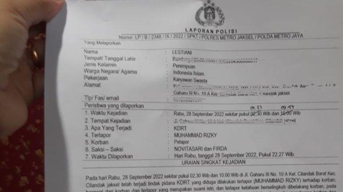 Bukti laporan Lesti Kejora terhadap Rizky Billar atas kasus dugaan KDRT di Polres Metro Jakarta Selatan.