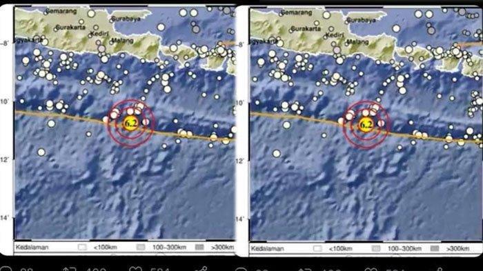 Gempa berkekuatan 6,2 SR, Pukul 13.07 Wib, berpusat di 284 Km Barat Daya Jember, Jawa Timur, berkedalaman 10 Km.