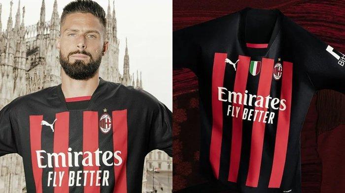 Potret Olivier Giroud, pemain AC Milan yang menggunakan jersey kandang baru buatan Puma untuk musim depan.