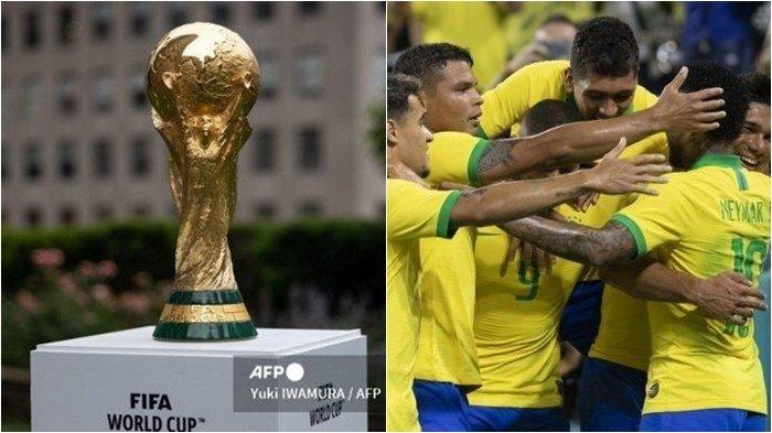 Trofi Piala Dunia dan Skuad Timnas Brasil.