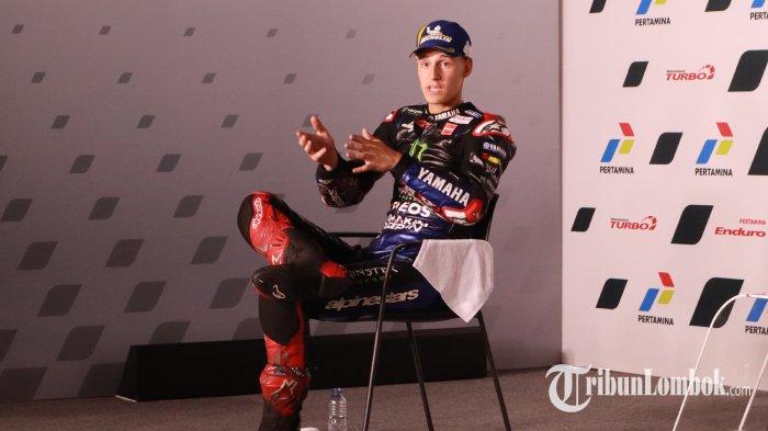Pembalap Monster Energy Yamaha Fabio Quartararo memberikan keterangan pers usai balap MotoGP Mandalika, Minggu, 20 Maret 2022.