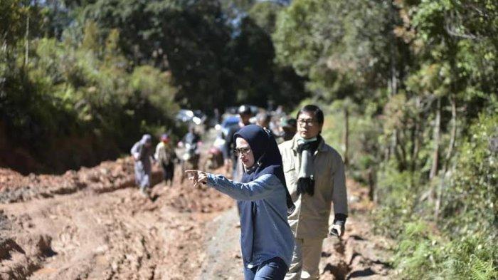 Bupati Luwu Utara, Indah Putri Indriani bersama Kepala Dinas PUPR Suaib Mansur meninjau jalan di Kecamatan Seko baru-baru ini