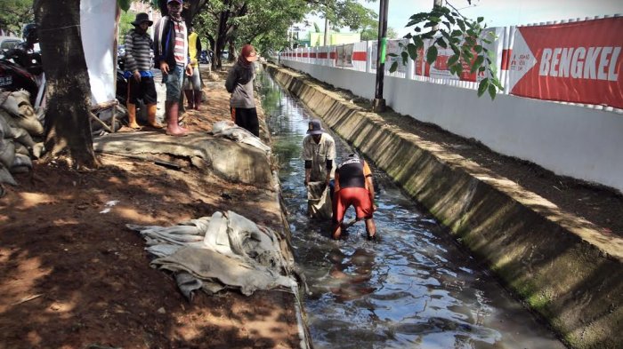 Satgas Drainase yang dibentuk Dinas PU Makassar melakukan pengerukan sedimentasi saluran air di jalan Urip Sumiharjo Makassar, Kamis (26/10). Pengerukan ini, merupakan quick respon Dinas PU Makassar setelah mendapat keluhan dari warga, karena tersumbatnya sejumlah drainase di wilayah tersebut. tribun timur/muhammad abdiwan