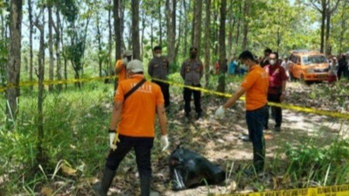 Polisi mengevakuasi mayat perempuan terbungkus kantong plastik hitam di kawasan hutan wilayah Dusun Besole, Desa Juworo, Kecamatan Geyer, Kabupaten Grobogan, Jawa Tengah, Rabu (13/10/2021).