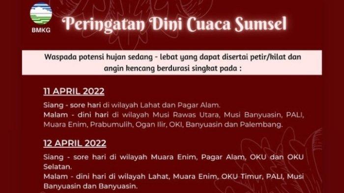 Peringatan dini cuaca dari BMKG untuk beberapa wilayah Sumsel pada 11-12 April 2022