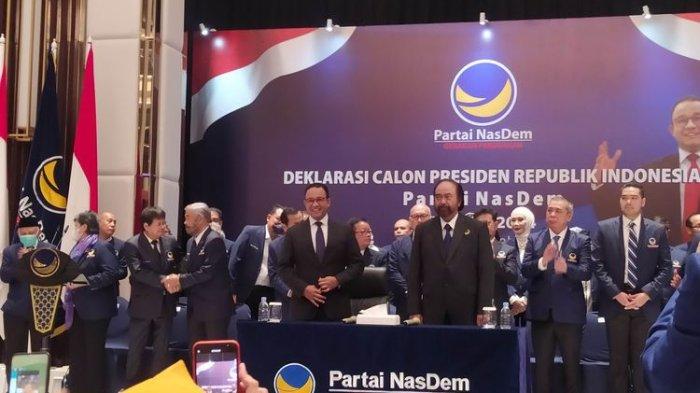 Gubernur DKI Jakarta Anies Baswedan dan Ketua Umum Partai Nasdem Surya Paloh dalam pengumuman deklarasi Capres 2024 di Nasdem Tower, Gondangdia, Jakarta Pusat, Senin (3/10/2022).