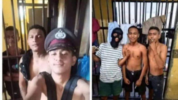 Para pria diduga tahanan Polres Ende selfie sambil merokok dan pakai topi polisi.