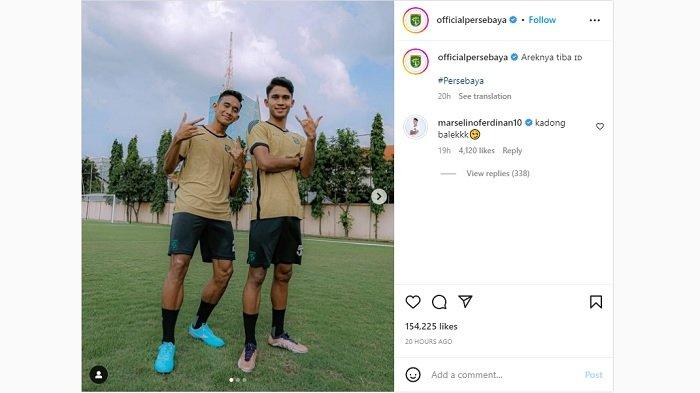 Marselino Ferdinan mengomentari postingan akun Instagram Persebaya Surabaya pada Jumat (13/1/2023).