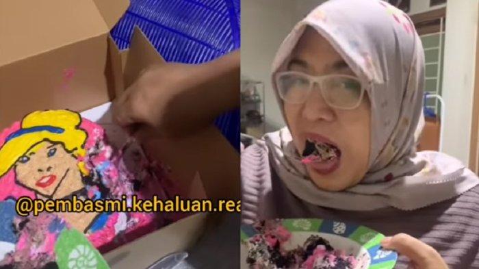 Reaksi seorang wanita saat mencicipi Ugly Cake yang tengah viral.