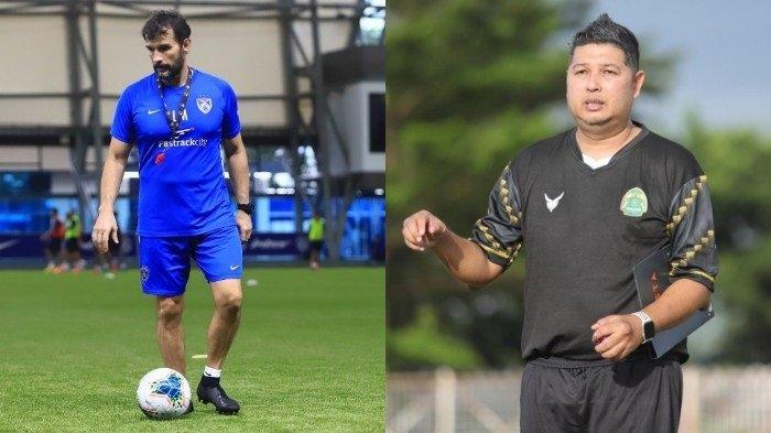 Leondro Medina pelatih Persis Solo (kiri) dan Aidil Sharin Sahak pelatih Persikabo 1973 (kanan)