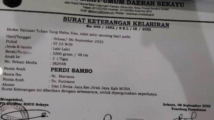 Penampakan akta kelahiran bayi bernama Perdi Sambo. Orangtuanya memberi nama tersebut dengan harapan bisa menjadi seorang Jenderal Polisi seperti Ferdy Sambo, tersangka kasus pembunuhan Brigadir J.